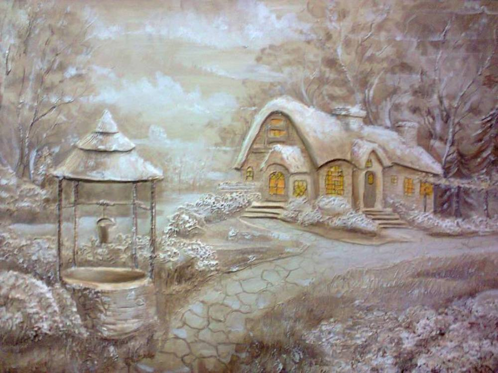 Барельєф (гризаль) будиночок з криницею
